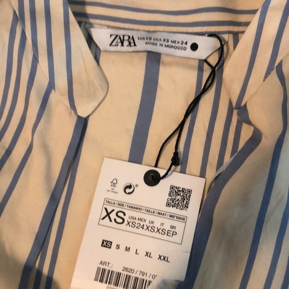 Zara Blouse Blue Cream V Neck Long Sleeve Top XS New WithTags - Picture 5 of 6